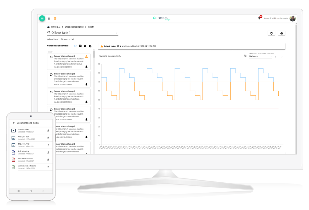 Innius Screens for Desktop and Mobile showing Sensor details and Documents and Media