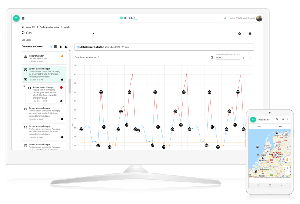 Innius Screens for Desktop and Mobile showing Sensor details and Machine locations