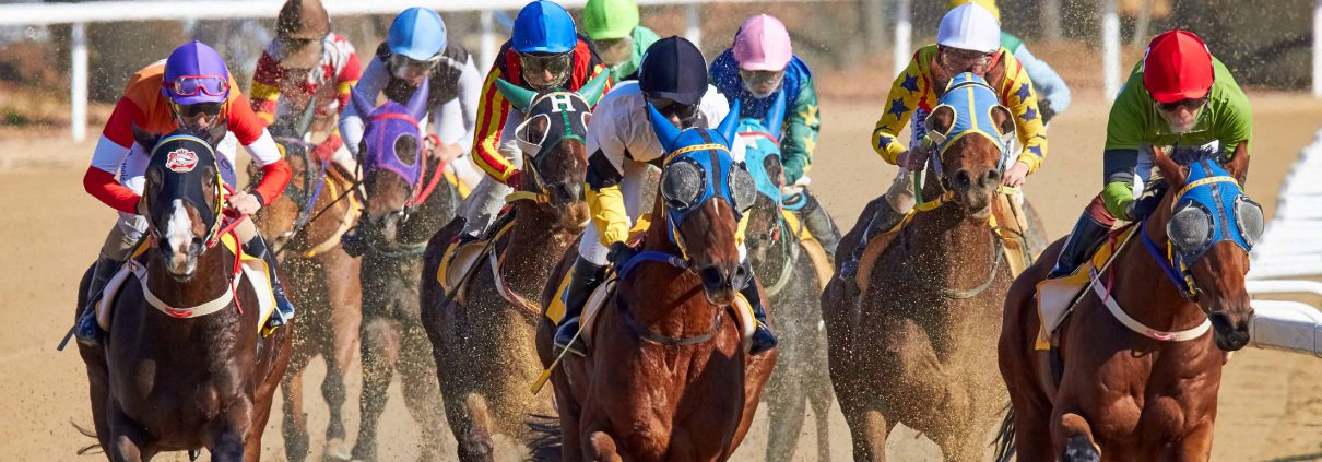 Horses and their jockeys competing in a race. A metaphore for business competition