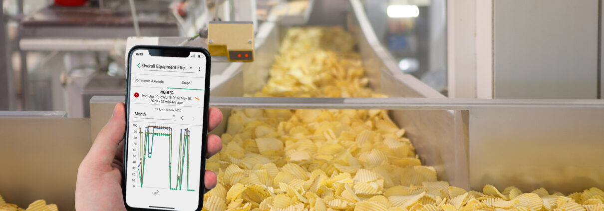 Food production line being monitored by real-time OEE on a mobile